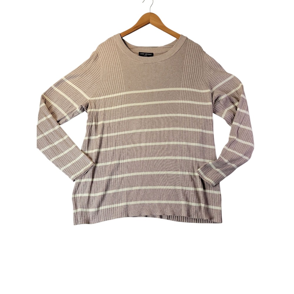 Lane Bryant 26/28 Ribbed Knit Sweater Beige Stripe Long Sleeve Pullover